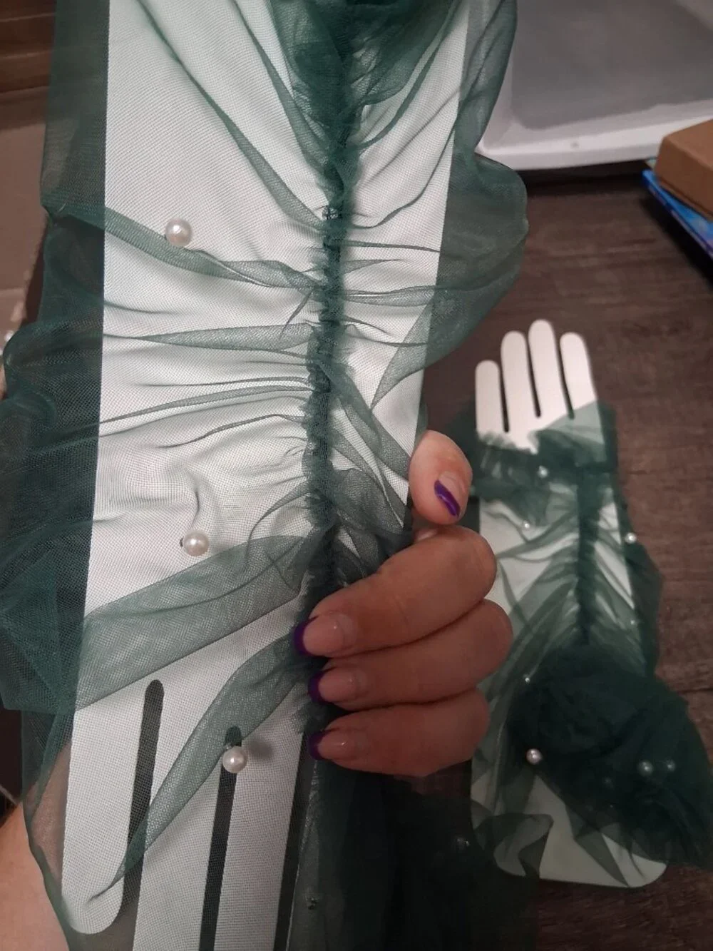 Sheer Gloves Formal Green Faux Pearls Sleeves Fingerless Renaissance